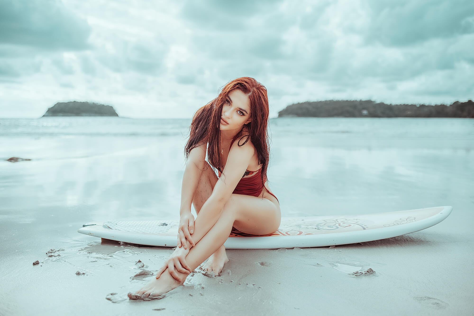 Bikini portrait surfboard photoshoot